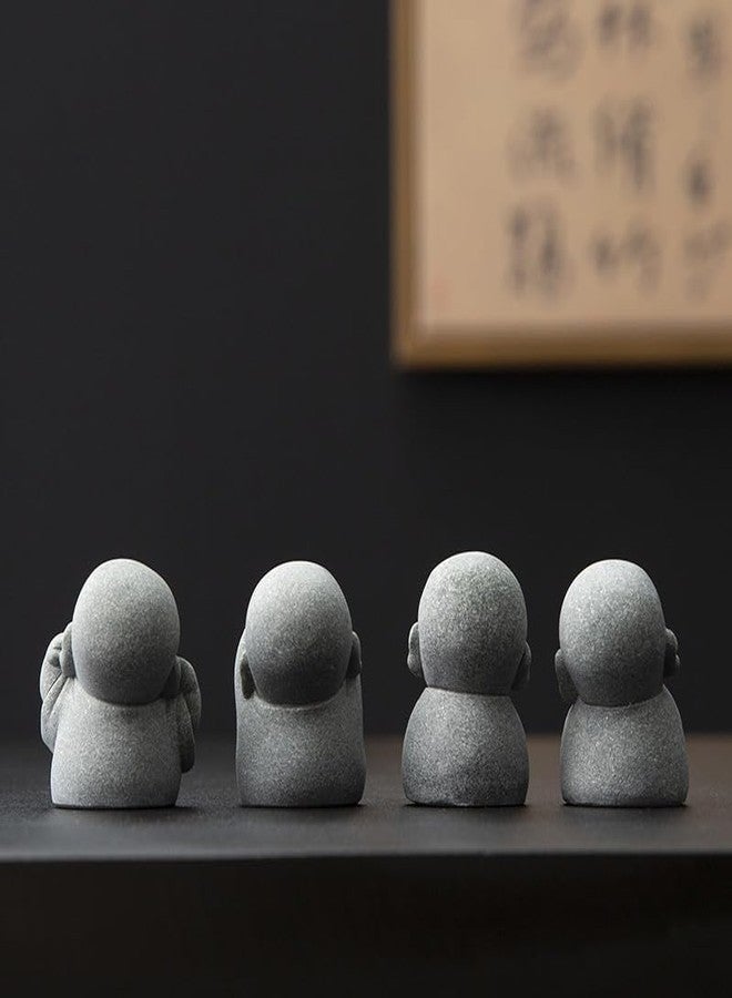 Fovasen 4PCS Laughing Buddha Statue for Good Luck & Feng Shui Decor - Cute Small Zen Monk Sandstone Sculpture for Home, Office, Desk, Aquarium Decor (Four no Zen Statue) - Image 5